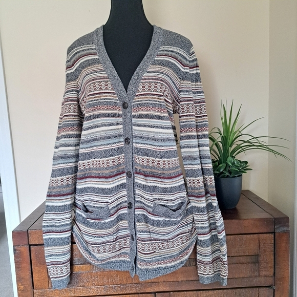 Eddie Bauer Cardigan Sweater Women's Size Medium Stripes Grey Neutrals - Picture 1 of 15